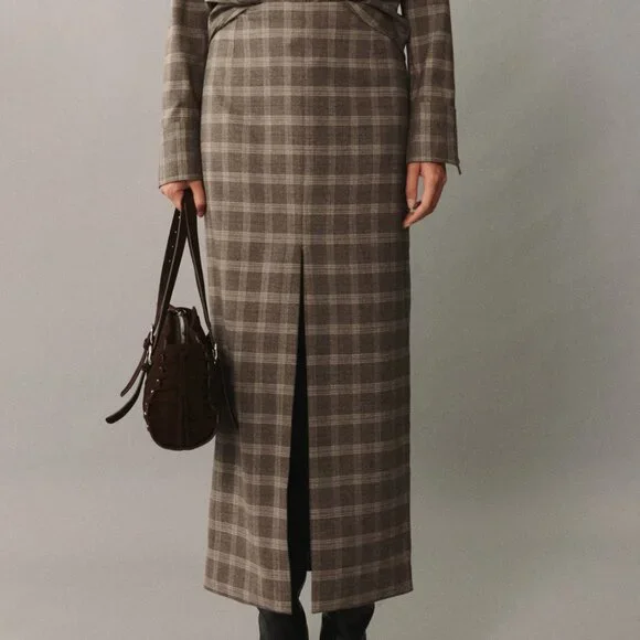 Mango Beige Plaid Check Skirt With Slit/NWT/10 (EU 42) - Picture 1 of 16